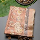 Peach Tussar Silk Saree With Kalamkari Swan & Floral Hand Painted Design & Kantha Embroidery
