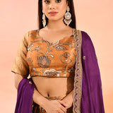 Mustard Gold With Purple Dupatta Banarasi Silk Lehenga