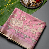 Pink Kalamkari Hand Painted Tussar Silk Saree With Paisley & Bird Motifs