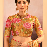 Golden Embroidered Tissue Saree With Stripes
