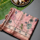 Peach Tussar Silk Saree With Kalamkari Floral Print & Kantha Embroidery