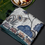 Grey Tussar Silk Kalamkari Printed Saree With Elephant Floral Design And Teal Border