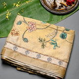 Golden Beige Tussar Silk Saree With Kalamkari Floral Hand Painted & Kantha Embroidery