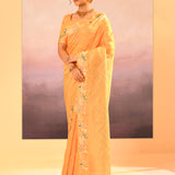 Bright Yellow Foil Printed Dupion Silk Saree