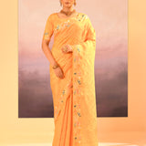 Bright Yellow Foil Printed Dupion Silk Saree