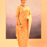 Bright Yellow Foil Printed Dupion Silk Saree