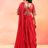 Red Paisley Embroidered Silk Blend Drape Saree
