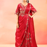 Red Paisley Embroidered Silk Blend Drape Saree
