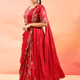 Red Paisley Embroidered Silk Blend Drape Saree