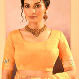 Bright Yellow Foil Printed Dupion Silk Saree