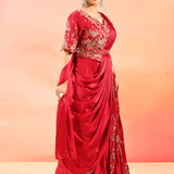 Red Paisley Embroidered Silk Blend Drape Saree