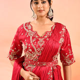 Red Paisley Embroidered Silk Blend Drape Saree