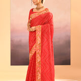 Cardinal Red Dupion Silk Foil Printed Saree