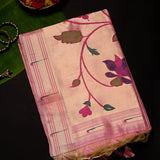 Baby Pink Woven Floral Butti Linen Silk Banarasi Saree With Self Floral Vine Pallu