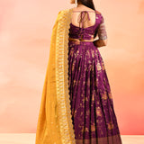 Purple Banarasi Silk Lehenga With Mustard Gold Zari Dupatta