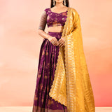 Purple Banarasi Silk Lehenga With Mustard Gold Zari Dupatta