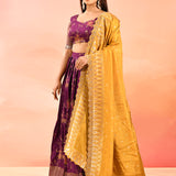 Purple Banarasi Silk Lehenga With Mustard Gold Zari Dupatta