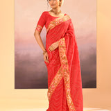 Cardinal Red Dupion Silk Foil Printed Saree