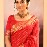 Cardinal Red Dupion Silk Foil Printed Saree