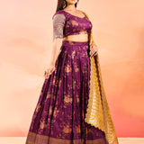 Purple Banarasi Silk Lehenga With Mustard Gold Zari Dupatta