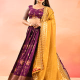 Purple Banarasi Silk Lehenga With Mustard Gold Zari Dupatta