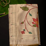Peach Woven Floral Butti Linen Silk Banarasi Saree With Self Floral Vine Pallu