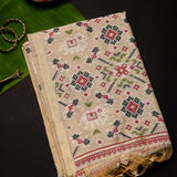 Beige Banarasi Linen Saree With Patan Patola Weave Pallu & Butti