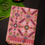 Salmon Pink Woven Floral Butti Linen Silk Banarasi Saree With Patola Geometric Pallu