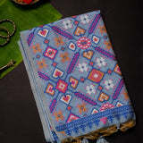 Grey Blue Woven Floral Butti Linen Silk Banarasi Saree With Patola Geometric Pallu