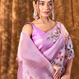 Lavender Pink Floral Tissue Silk Saree