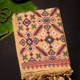 Peach Woven Floral Butti Linen Silk Banarasi Saree With Patola Geometric Pallu