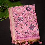 Peach Pink Banarasi Linen Saree With Patan Patola Weave Pallu & Gold Zari Border