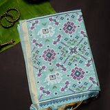 Teal Blue Banarasi Linen Saree With Patan Patola Weave Pallu & Gold Zari Border
