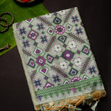 Grey Banarasi Linen Saree With Patan Patola Weave Pallu & Contrast Border