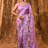 Lavender Floral Embroidered Satin Silk Saree