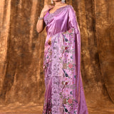 Lavender Floral Embroidered Satin Silk Saree