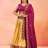 Gold Banarasi Silk Lehenga With Purple Embroidered Border Dupatta