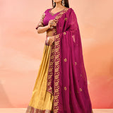 Gold Banarasi Silk Lehenga With Purple Embroidered Border Dupatta