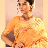 Bright Yellow Dupion Silk Foil Printed Saree