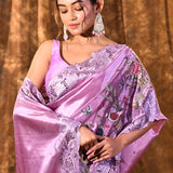 Lavender Floral Embroidered Satin Silk Saree