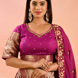 Gold Banarasi Silk Lehenga With Purple Embroidered Border Dupatta