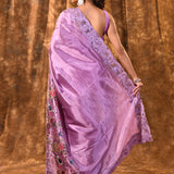 Lavender Floral Embroidered Satin Silk Saree