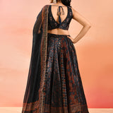 Navy Ajrakh Printed Organza Tissue Lehenga