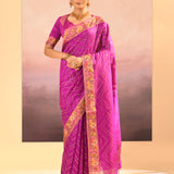 Fuchsia Purple Foil Printed Dupion Silk Saree