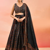 Navy Ajrakh Printed Organza Tissue Lehenga