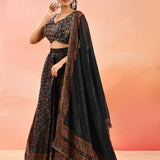 Navy Ajrakh Printed Organza Tissue Lehenga