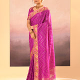 Fuchsia Purple Foil Printed Dupion Silk Saree