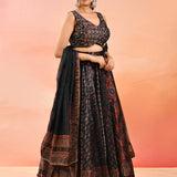 Navy Ajrakh Printed Organza Tissue Lehenga