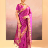 Fuchsia Purple Foil Printed Dupion Silk Saree