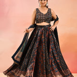 Navy Ajrakh Printed Organza Tissue Lehenga